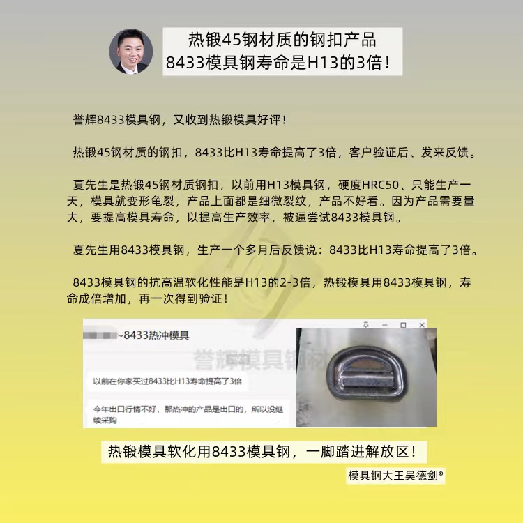 如何减少锻造模具开裂现象？用抗高温韧性好的誉辉8433模具钢不开裂